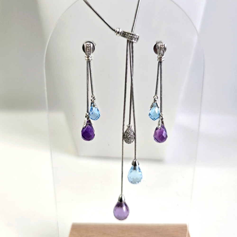 14K Gold Elegant Diamond, Amethyst And Aquamarine Necklace & Earrings Set